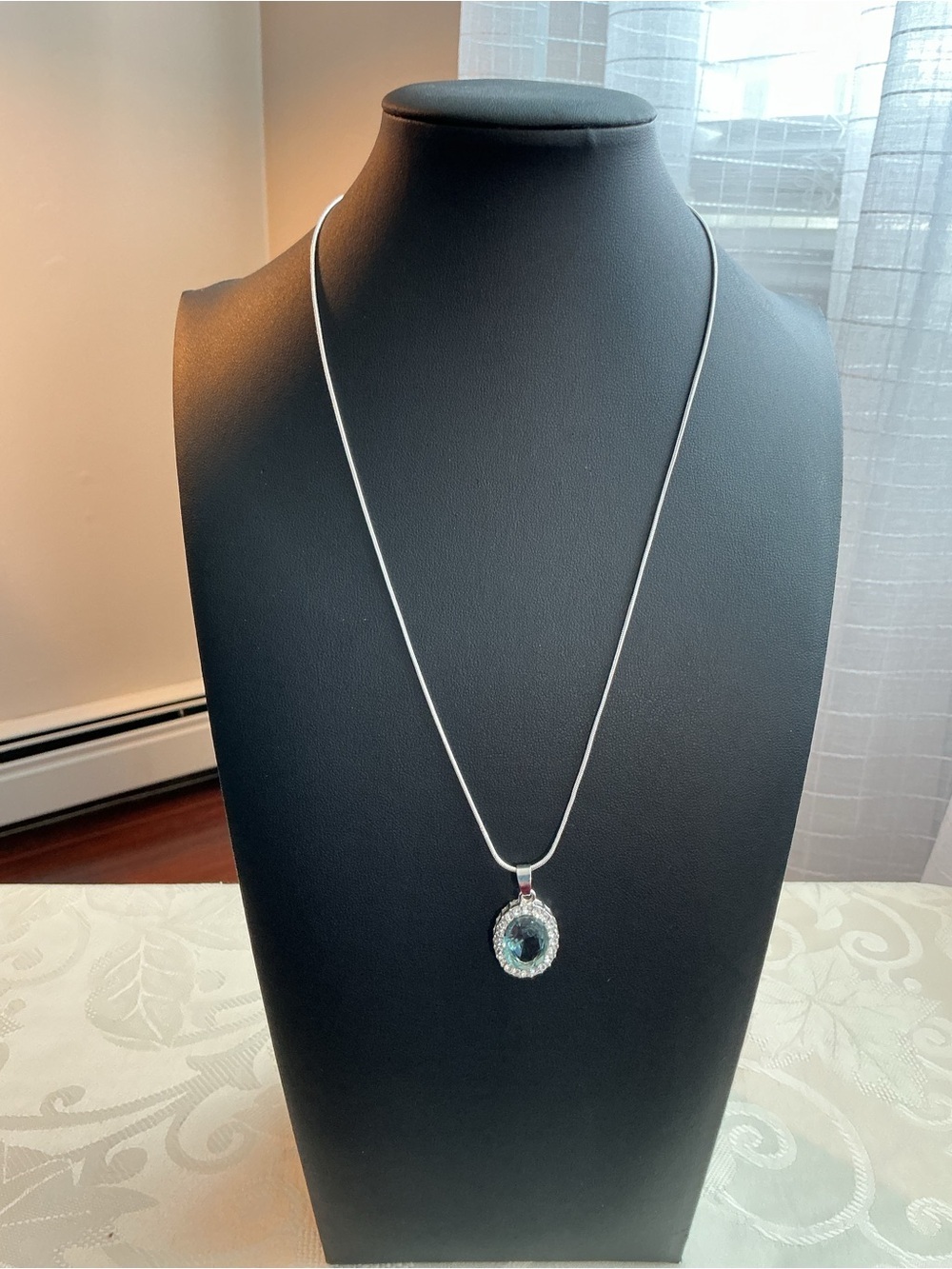 Blue Topaz Oval Shaped Silver Tone with Sterling Silver Chain Pendant Necklace